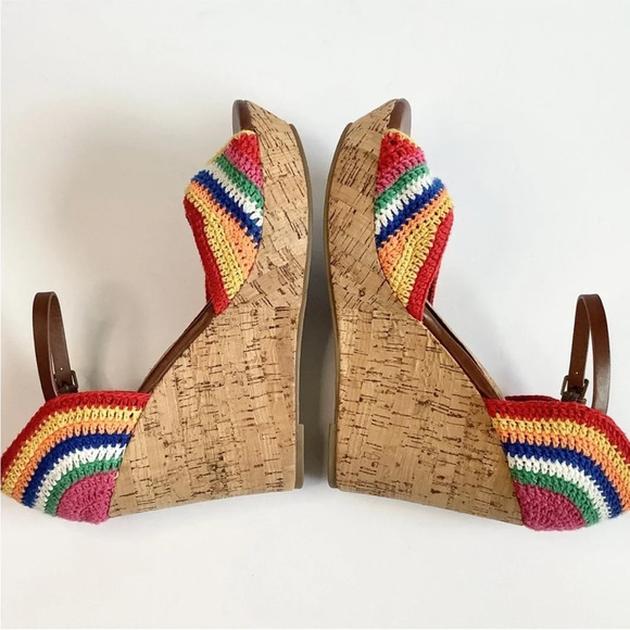 MIA Rainbow Crochet Wedge Sandals Platform Cork Heel Ankle Strap Pride B… - Picture 2 of 10